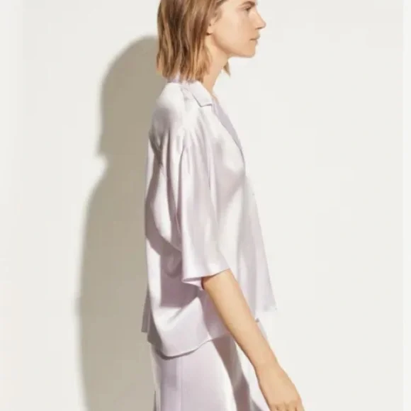 NEW Vince Satin 100% Silk Pajama Shirt Blouse, Pale Iris (Purple) Size S $295 - Picture 4 of 10